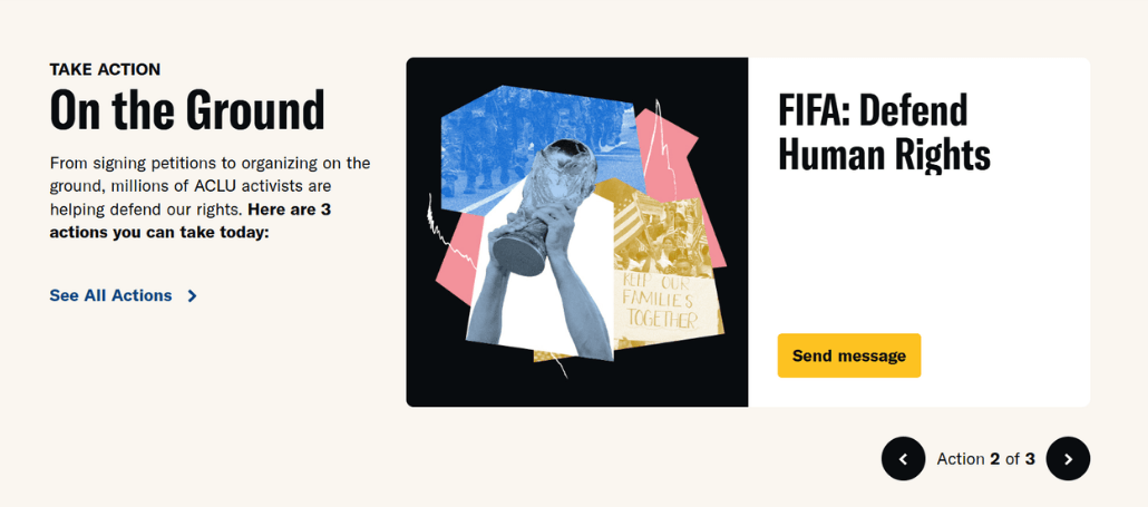 Screenshot of a section titled “Take Action on the Ground” on ACLU’s website.
