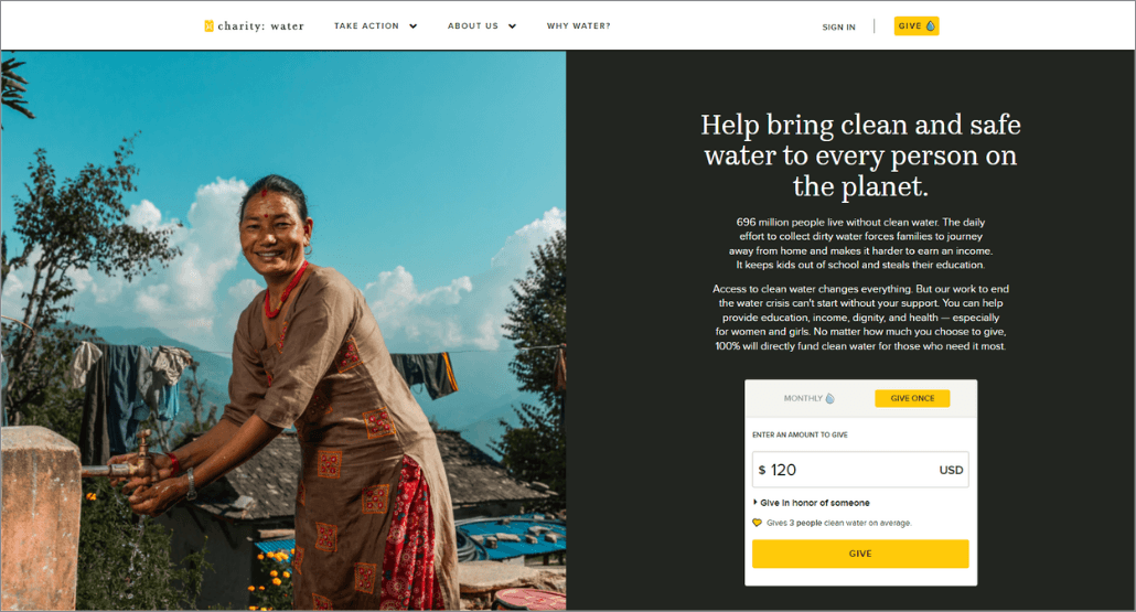 Screenshot of Charty: Water’s donation page showing a clear mission statement and donation form.