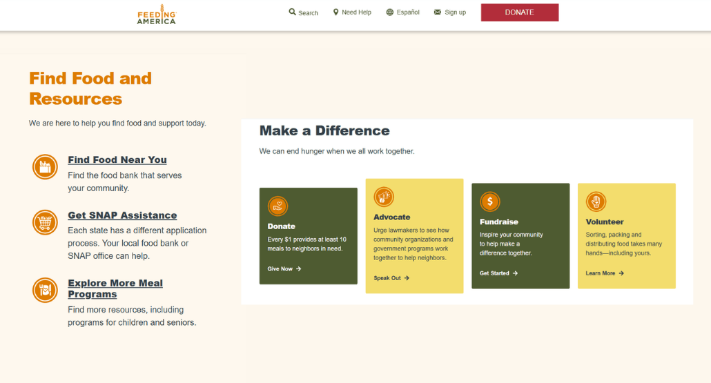 Screenshot of multiple ways different audiences can interact with Feeding America’s website