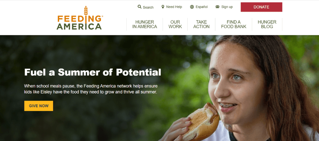 Screenshot of Feeding America's homepage showing their hero section and primary call to action.