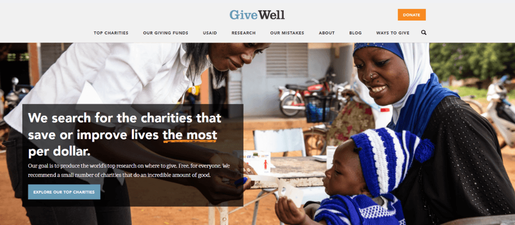 Screenshot of GiveWell’s homepage showing their hero image and primary call to action.