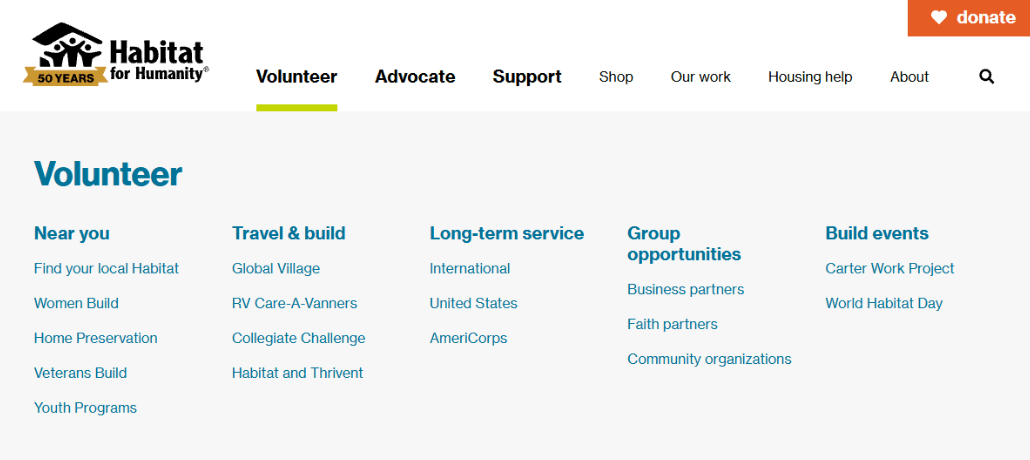 Screenshot of Habitat for Humanity’s Volunteer dropdown options on the site’s top navigation bar.