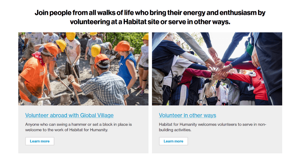Screenshot of Habitat for Humanity’s volunteer page showing different ways to volunteer.