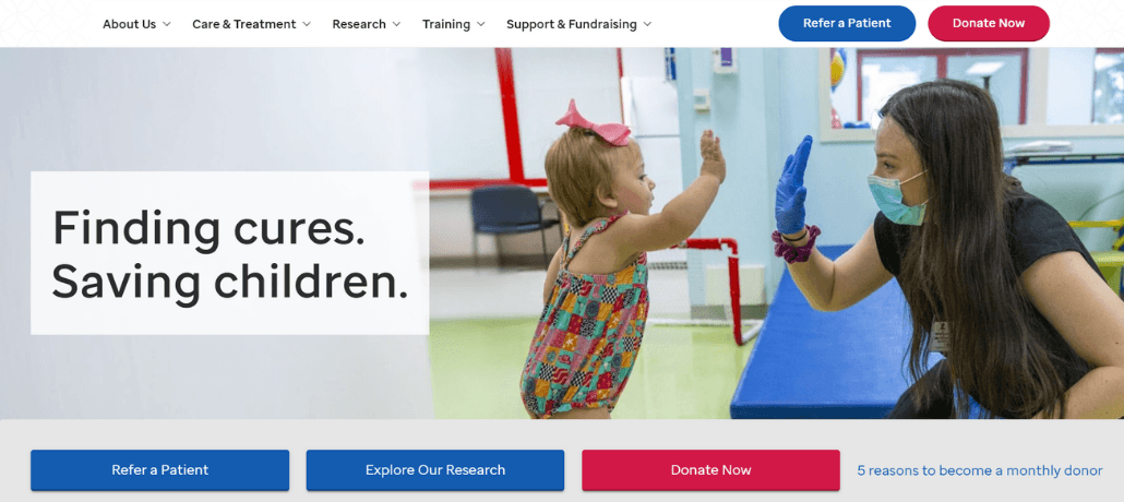 Screenshot of St. Jude Children's Research Hospital’s homepage showing their hero image and primary call to action.