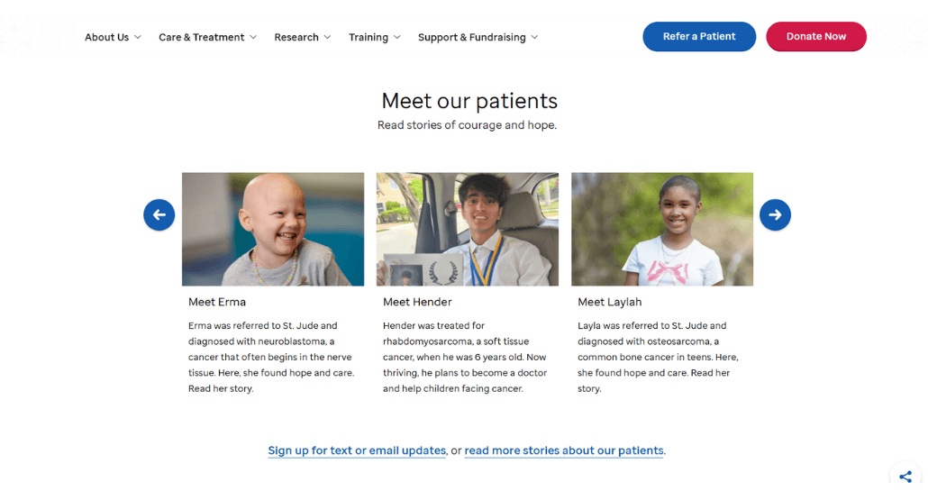 Screenshot of a” Meet our patients” section on St. Jude’s Children’s Research Hospital website.